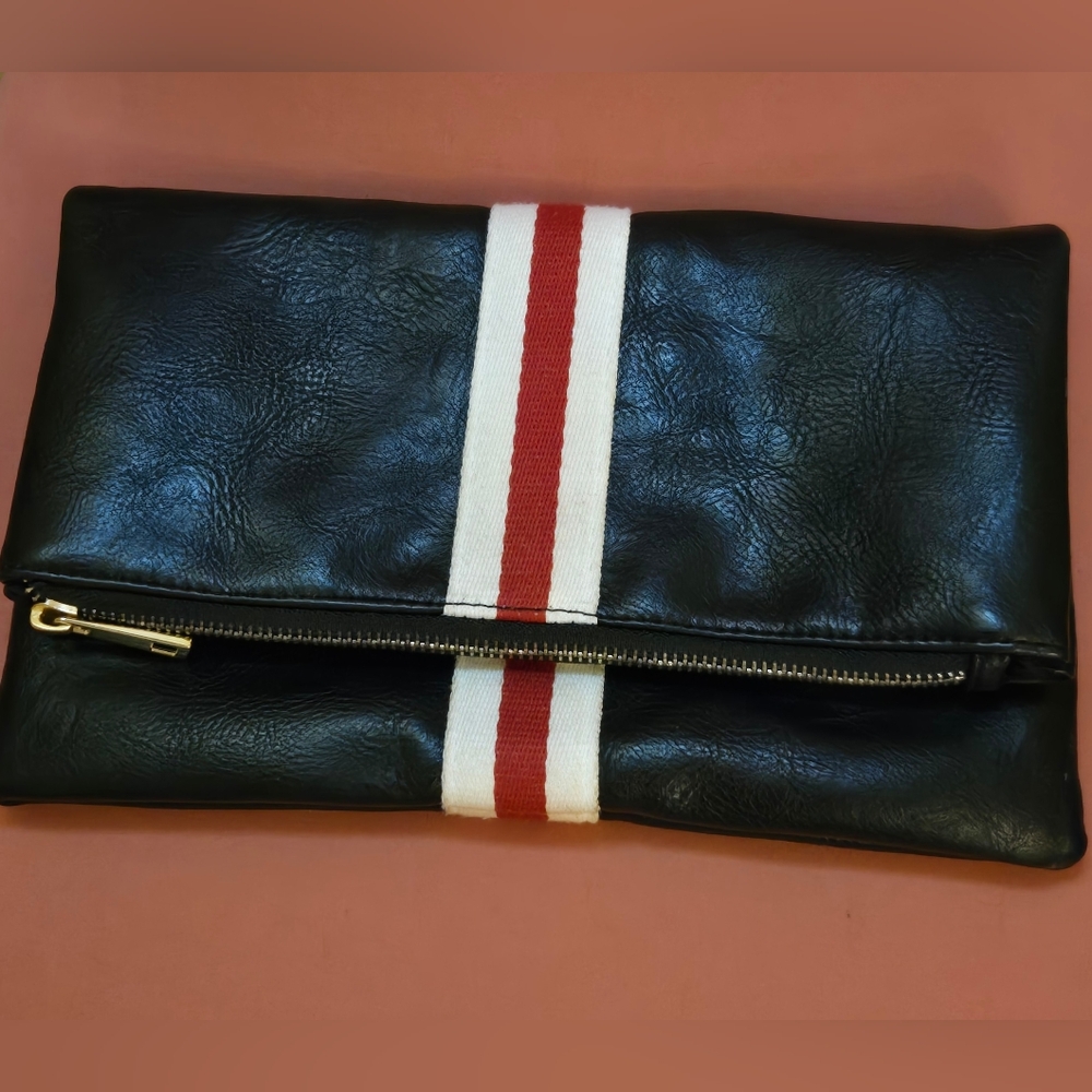 Stylish, Minimalistic Black/White Foldover Clutch Handbag Red Stripe